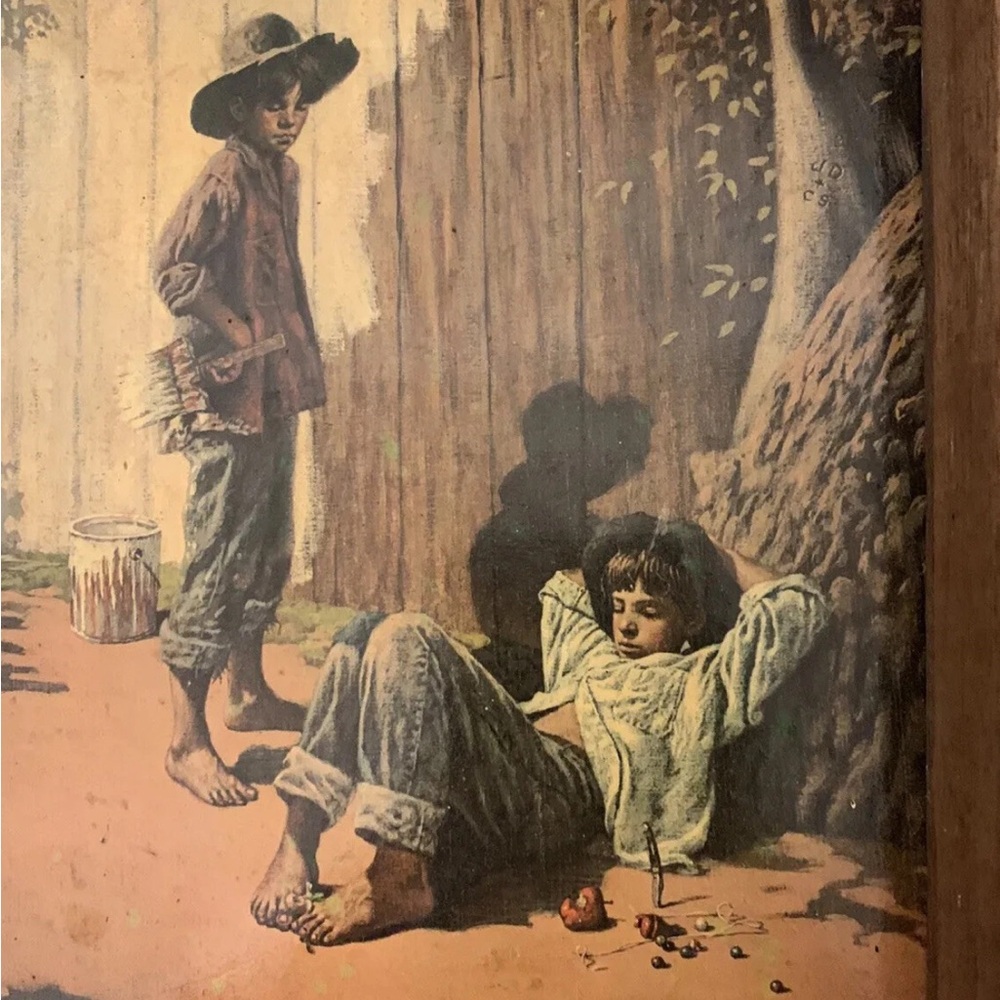 Vintage Tramp Art Print of Two Boys‎ by Jim Daly. Art wood frame. Shadow box
